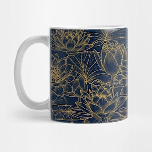 Gold texture graphic floral water lilies pattern on navy blue background Mug